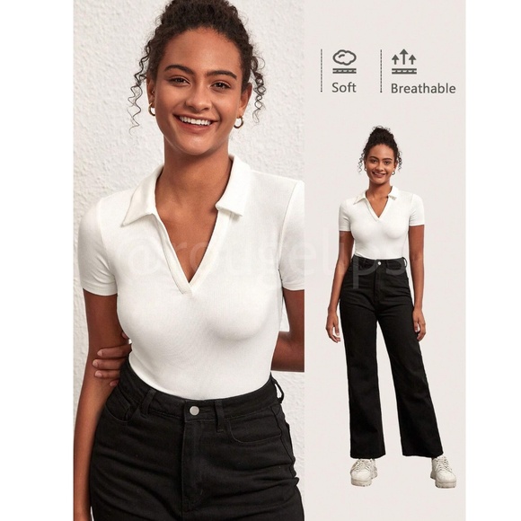 White Rib Knit Polo Fitted V-Neck Tee Shirt, Short Sleeve, Slim - Picture 7 of 11